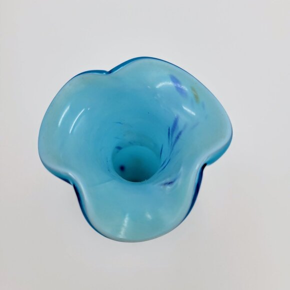 Vintage Blown Art Glass Bud Vase Blue Confetti Splatter Black Pedestal Bottom - Picture 9 of 12